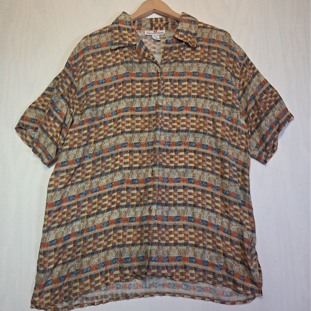 Vintage 90s Stunt Collections Silk Blouse L Abstract Geometric Button Up Shirt